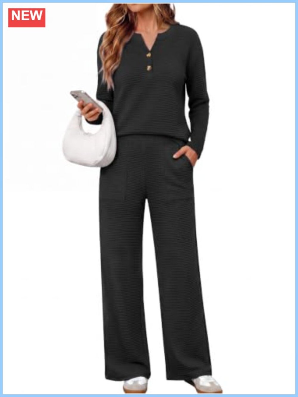 Women 2 Piece Lounge Set French Rib Knit Long Sleeve Henley Wide Leg Pants